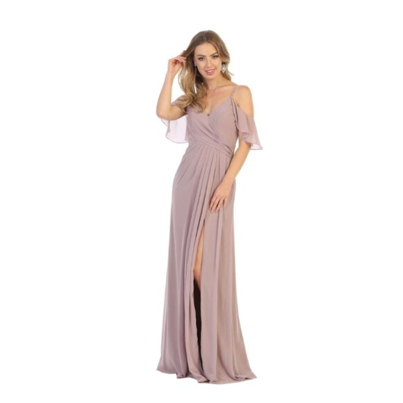 Mauve Formal Long V-Neckline Cold Shoulder A-Line Dress By May Queen MQ1732 - Picture 1 of 3